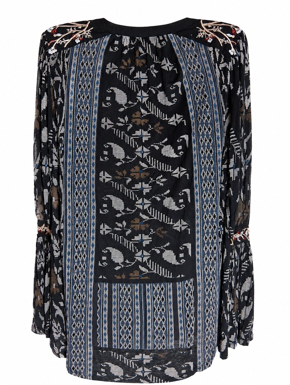 Lucky Brand Women's Black Gray Boho Long Flared Sleeve Embroidered Tunic, Lg. - Picture 5 of 7